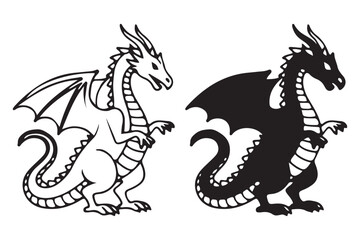 Fototapeta premium Fantasy Dragon Standing Silhouette and Outline Vector