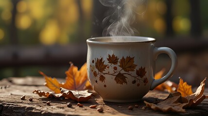 A close-up of a ceramic coffee mug with visible steam rising, nestled among crisp maple leaves and acorns on a rustic surface, with a blurred background of fall foliage for a peaceful