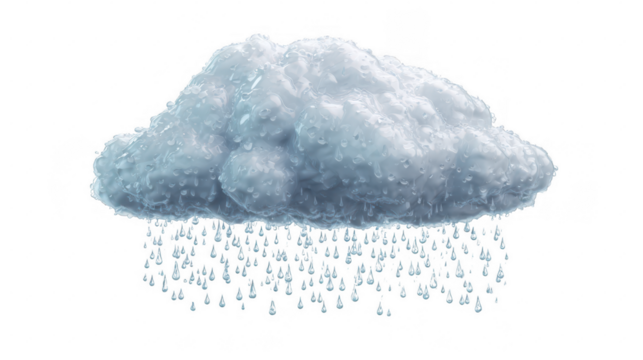 Wet fluffy cloud raining water drops isolated on a transparent background weather