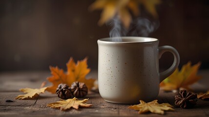 A close-up of a ceramic coffee mug with visible steam rising, nestled among crisp maple leaves and acorns on a rustic surface, with a blurred background of fall foliage for a peaceful