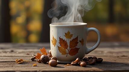 A close-up of a ceramic coffee mug with visible steam rising, nestled among crisp maple leaves and acorns on a rustic surface, with a blurred background of fall foliage for a peaceful