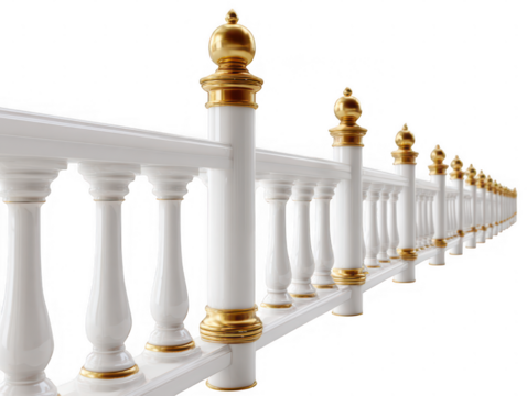 White balustrade with gold accents isolated on a transparent background railing ornate