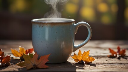 A close-up of a ceramic coffee mug with visible steam rising, nestled among crisp maple leaves and acorns on a rustic surface, with a blurred background of fall foliage for a peaceful