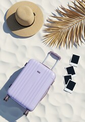 Vacation essentials laid out on pristine white sand, Lavender suitcase ready for travel memories to be made, palm frond and straw hat
