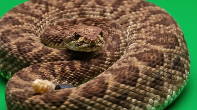 Coiled rattlesnake with diamond pattern on green background showing head and tail with rattle detail