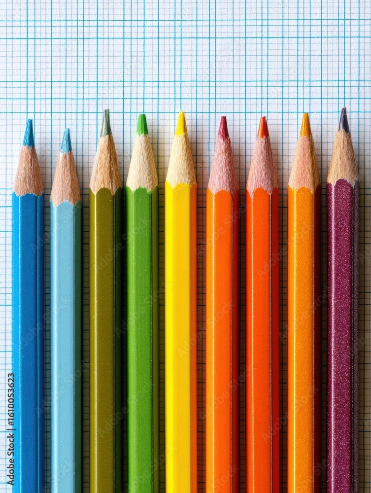 Poster neatly arranged colored pencils on graph paper with clean lined notes in an organized study area