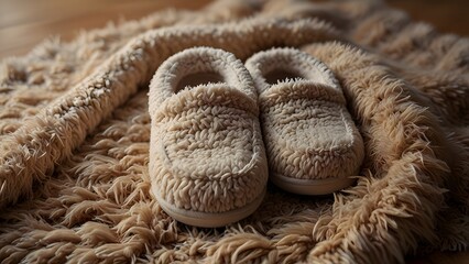 A cozy close-up of soft, fluffy slippers resting neatly on a textured woven rug, with warm morning light streaming in and a hint of a blanket draped nearby, creating a peaceful homey atmosphere.