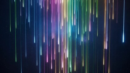 Colorful glowing vertical light trails falling against a dark background, soft neon rainbow streaks in motion, dynamic and luminous digital rain effect, multicolored beams of light in gradient tones,  - Powered by Adobe