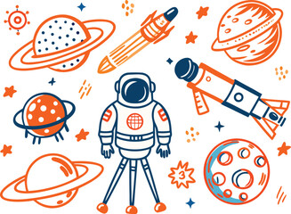 Astronaut planets rocket telescope and stars doodle art space