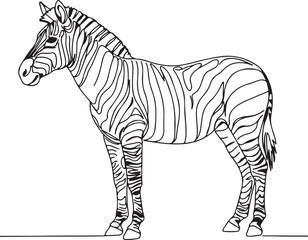 Minimal continuous line sketch of a zebra standing sideways, with distinctive striped contour