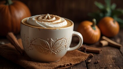 A cozy close-up of a pumpkin spice latte in a rustic ceramic cup, with intricate leaf-shaped latte art on top of creamy foam, surrounded by cinnamon sticks, mini pumpkins, and autumn leaves