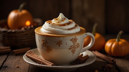 A cozy close-up of a pumpkin spice latte in a rustic ceramic cup, with intricate leaf-shaped latte art on top of creamy foam, surrounded by cinnamon sticks, mini pumpkins, and autumn leaves