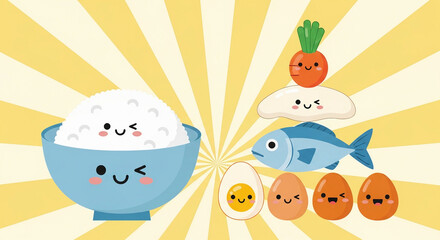 Obraz premium World Food Day Celebration with Cute and Happy Healthy Foods Illustration