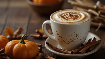 A cozy close-up of a pumpkin spice latte in a rustic ceramic cup, with intricate leaf-shaped latte art on top of creamy foam, surrounded by cinnamon sticks, mini pumpkins, and autumn leaves