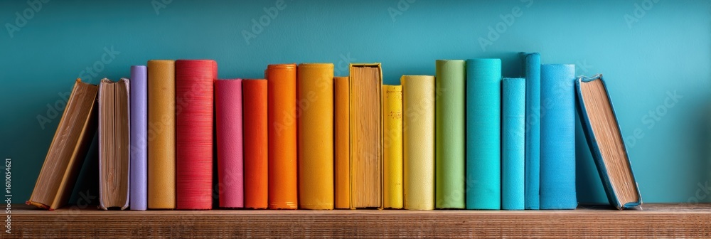 Poster books arranged by color gradient on a calm shelf with a light background creating a peaceful and org