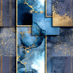 Elegant Abstract Watercolor Seamless Pattern with Gold Foil and Moody Indigo Tones