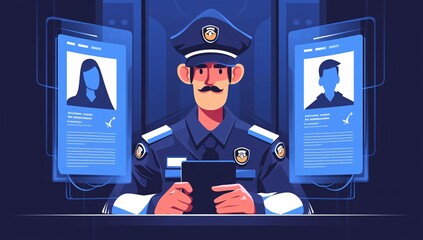 Security Officer Operating Digital Identity Verification System with Futuristic Interface