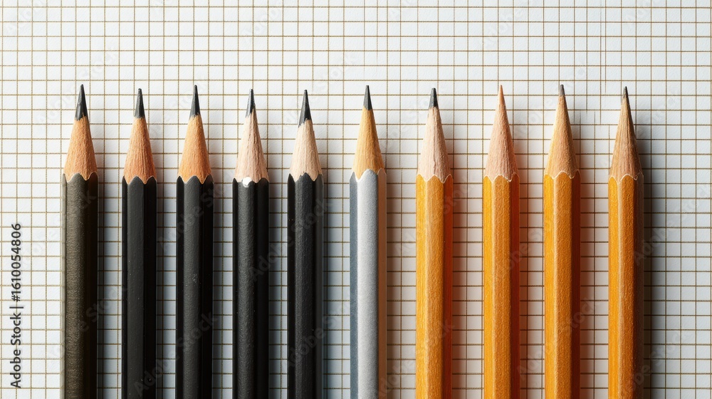 Poster neatly arranged pencils on graph paper showcasing clean lined notes for organized study sessions