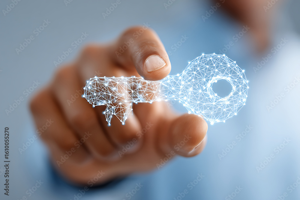 Poster digital key concept showing a person holding a glowing key in a modern tech-inspired environment