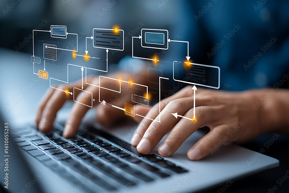 Poster hands typing on a laptop with digital flowchart elements displayed in a modern workspace during work