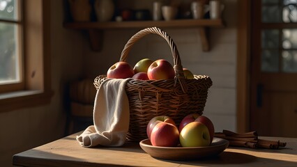 A cozy indoor scene with a basket of assorted apples on a farmhouse kitchen counter, surrounded by cinnamon sticks, dried orange slices, and soft shadows from a nearby window.