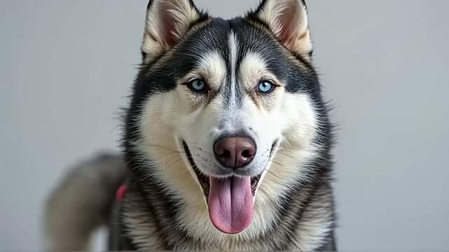 Close up shot of a beautiful siberian husky dog with blue eyes panting