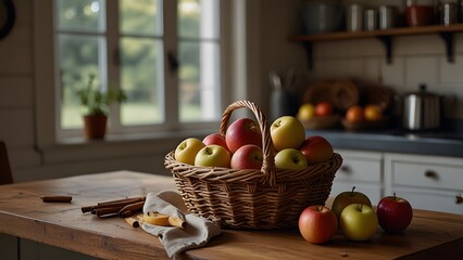 A cozy indoor scene with a basket of assorted apples on a farmhouse kitchen counter, surrounded by cinnamon sticks, dried orange slices, and soft shadows from a nearby window.