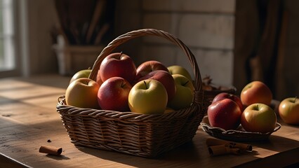 A cozy indoor scene with a basket of assorted apples on a farmhouse kitchen counter, surrounded by cinnamon sticks, dried orange slices, and soft shadows from a nearby window.