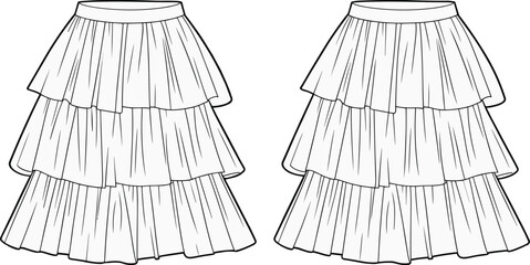 Tiered skirt CAD drawing, layered fashion vector sketch, ruffled hem detail, waistband design, front back views, garment illustration template