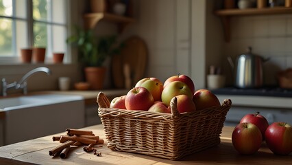 A cozy indoor scene with a basket of assorted apples on a farmhouse kitchen counter, surrounded by cinnamon sticks, dried orange slices, and soft shadows from a nearby window.