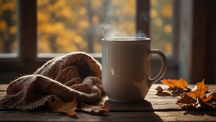 A cozy scene with two ceramic mugs filled with steaming drinks sitting on a rustic wooden table, surrounded by autumn leaves and a soft woolen scarf