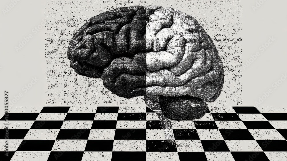 Poster chessboard and human brain merging in a creative representation of mental strategy and cognitive pro