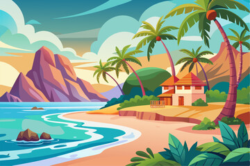 This scenic coastal landscape features a tranquil shoreline surrounded by greenery and distant mountains, perfect for vacation, travel, and summer-themed designs. Ideal for web, print, or social media