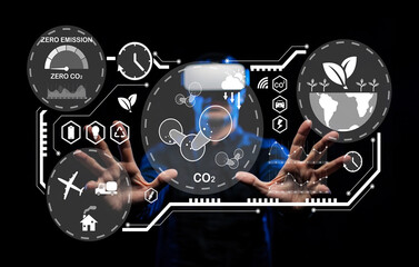 Futuristic Technology Interface with Virtual Reality Elements Focusing on Environmental Themes and Data Visualization for Zero Emissions and Carbon Reduction