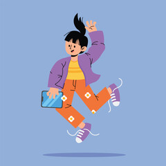 Flat Cartoon Illustration Of A Happy Teenage Girl Jumping Joyfully With A Tablet, Celebrating Youth Day.