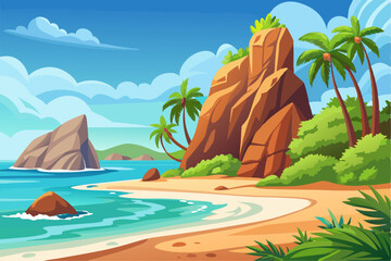 Obraz premium This scenic coastal landscape features a tranquil shoreline surrounded by greenery and distant mountains, perfect for vacation, travel, and summer-themed designs. Ideal for web, print, or social media