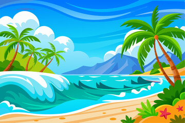 This scenic coastal landscape features a tranquil shoreline surrounded by greenery and distant mountains, perfect for vacation, travel, and summer-themed designs. Ideal for web, print, or social media