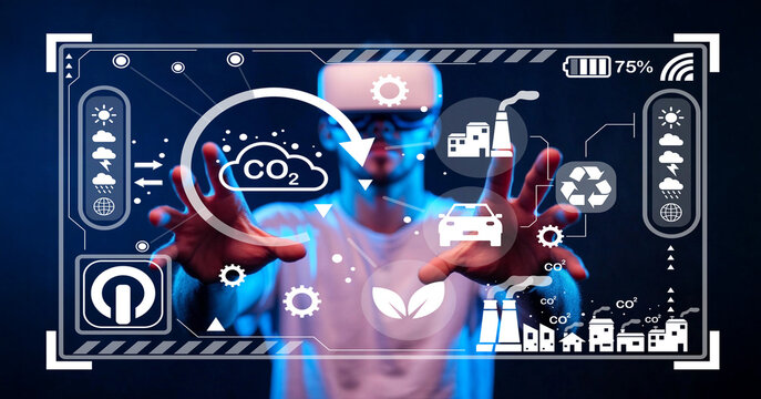 Futuristic Virtual Reality Interface with Environmental Icons Representing Sustainability and Carbon Management for Eco-Conscious Innovations