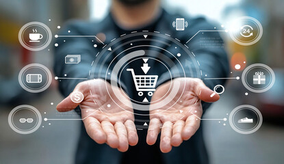 Person Holding Hands with Digital Shopping Cart Icon and Icons Representing Shopping and Technology in Urban Environment