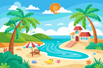 This scenic coastal landscape features a tranquil shoreline surrounded by greenery and distant mountains, perfect for vacation, travel, and summer-themed designs. Ideal for web, print, or social media