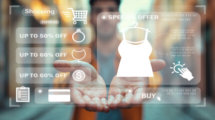 Hands Holding Digital Interface with Shopping Offers and Discounts for Online Retail in a Modern Store Environment