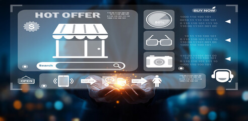 Modern Digital Interface Showcasing Hot Offers, Promotions, and Shopping Features in a Futuristic E-Commerce Setting with User Interaction Elements