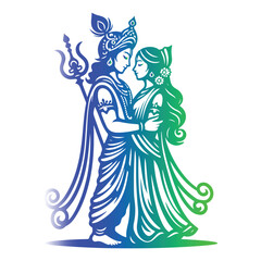 Hindu Divine Couple Artwork Featuring Blue and Green Colors