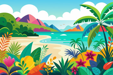 This scenic coastal landscape features a tranquil shoreline surrounded by greenery and distant mountains, perfect for vacation, travel, and summer-themed designs. Ideal for web, print, or social media