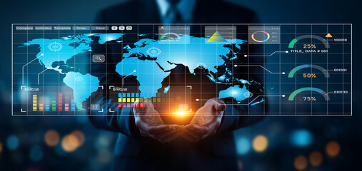 Businessman Presenting Digital Earth Global Network Concept with Interactive Charts and Data Analysis for Technology and Communication Improvement
