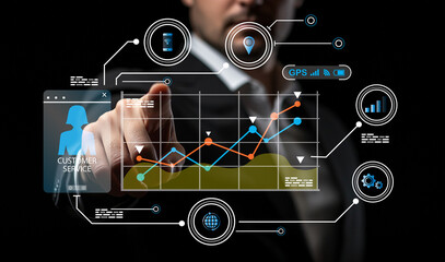 Businessman Interacting with Digital Interface for Customer Service Analysis and Data Visualization for Modern Business Solutions