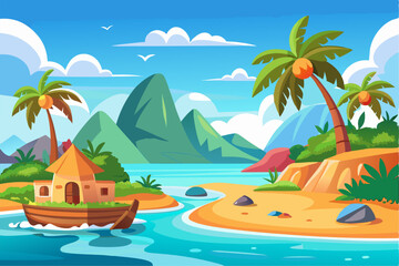 This scenic coastal landscape features a tranquil shoreline surrounded by greenery and distant mountains, perfect for vacation, travel, and summer-themed designs. Ideal for web, print, or social media