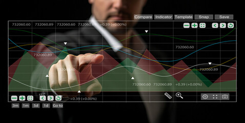 Business Professional Analyzing Financial Data Through Interactive Digital Interface with Graphs and Charts on Dark Background