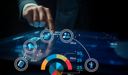 Business Professional Analyzing Data through Interactive Digital Interface with Graphs and Icons Representing Statistics and Team Collaboration