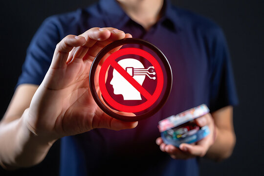 Person holding a sign with a head silhouette and circuitry with a red prohibition symbol over it - Powered by Adobe